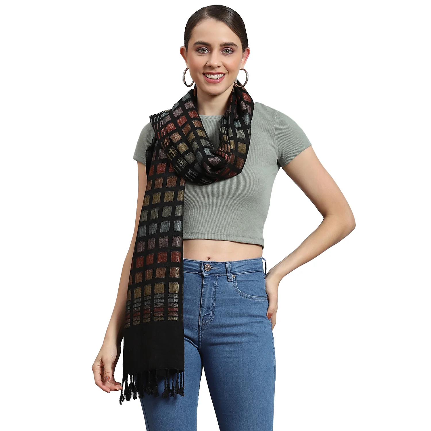 Women Black Self Design Stole - Image 5