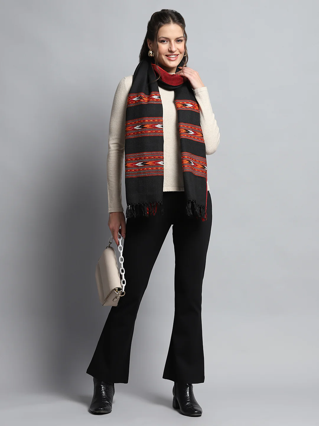 Women Black Self Design Stole - Image 2