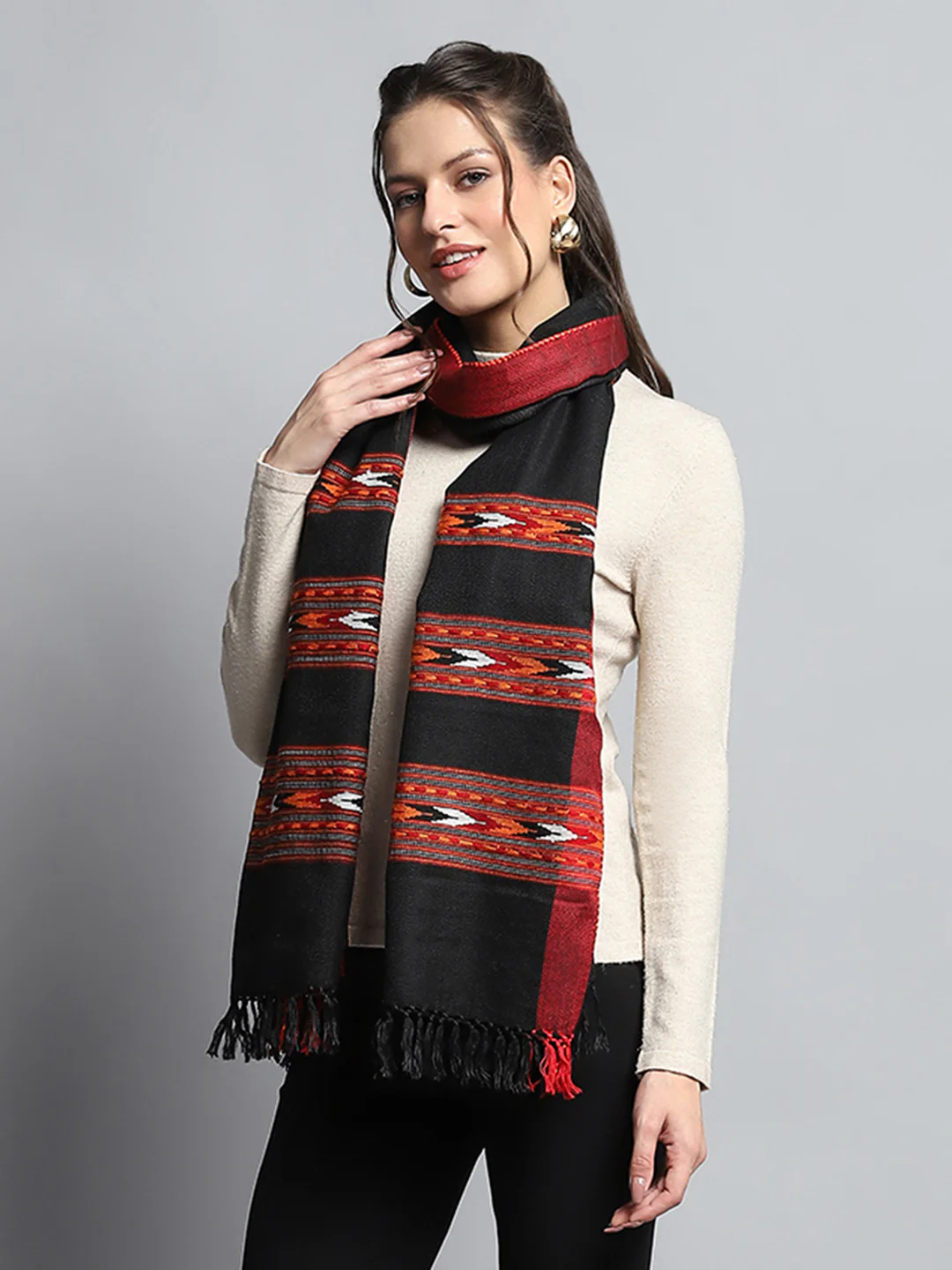 Women Black Self Design Stole - Image 5