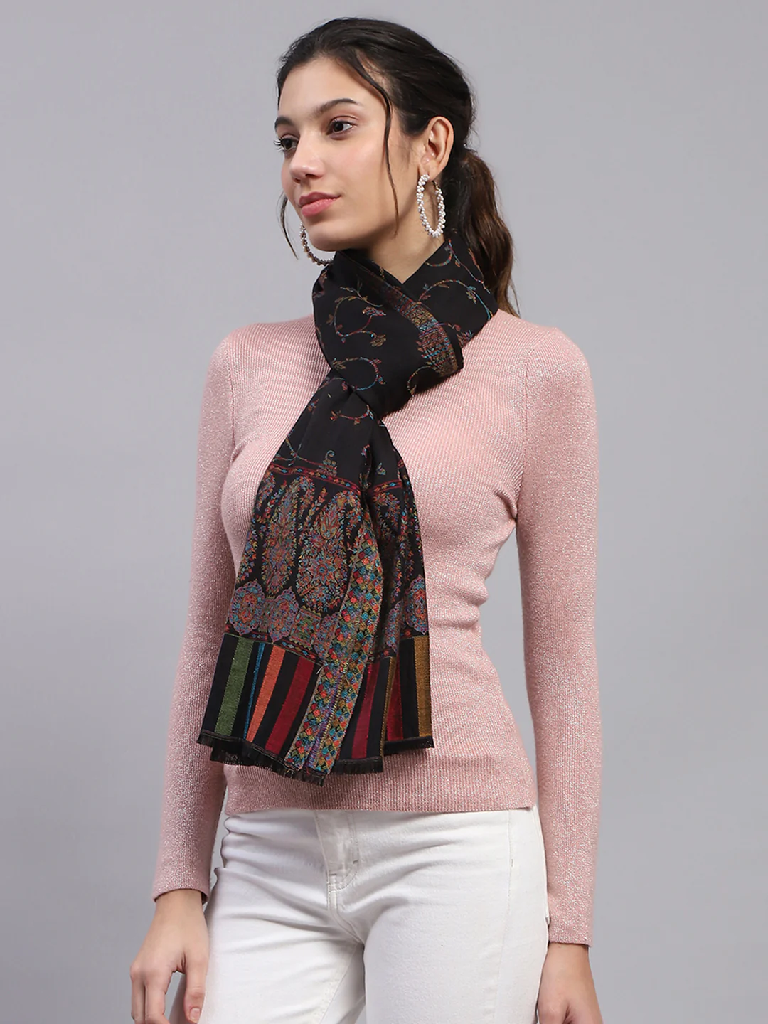 Women Black Self Design Stole - Image 4