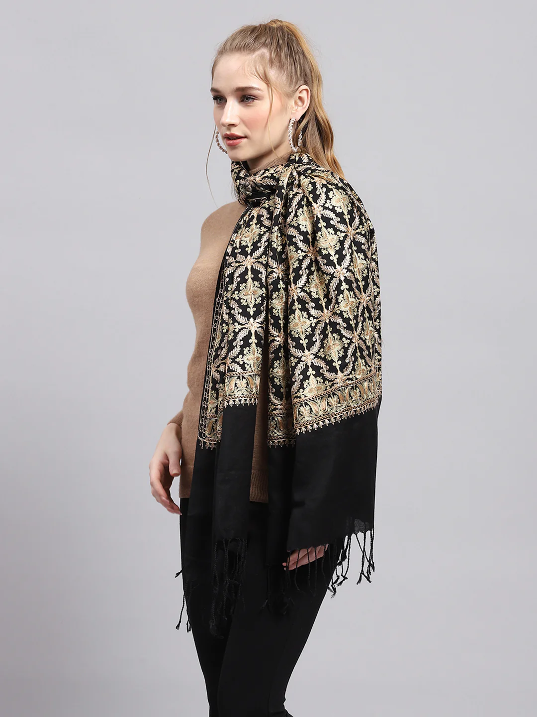 Women Black Self Design Stole - Image 4
