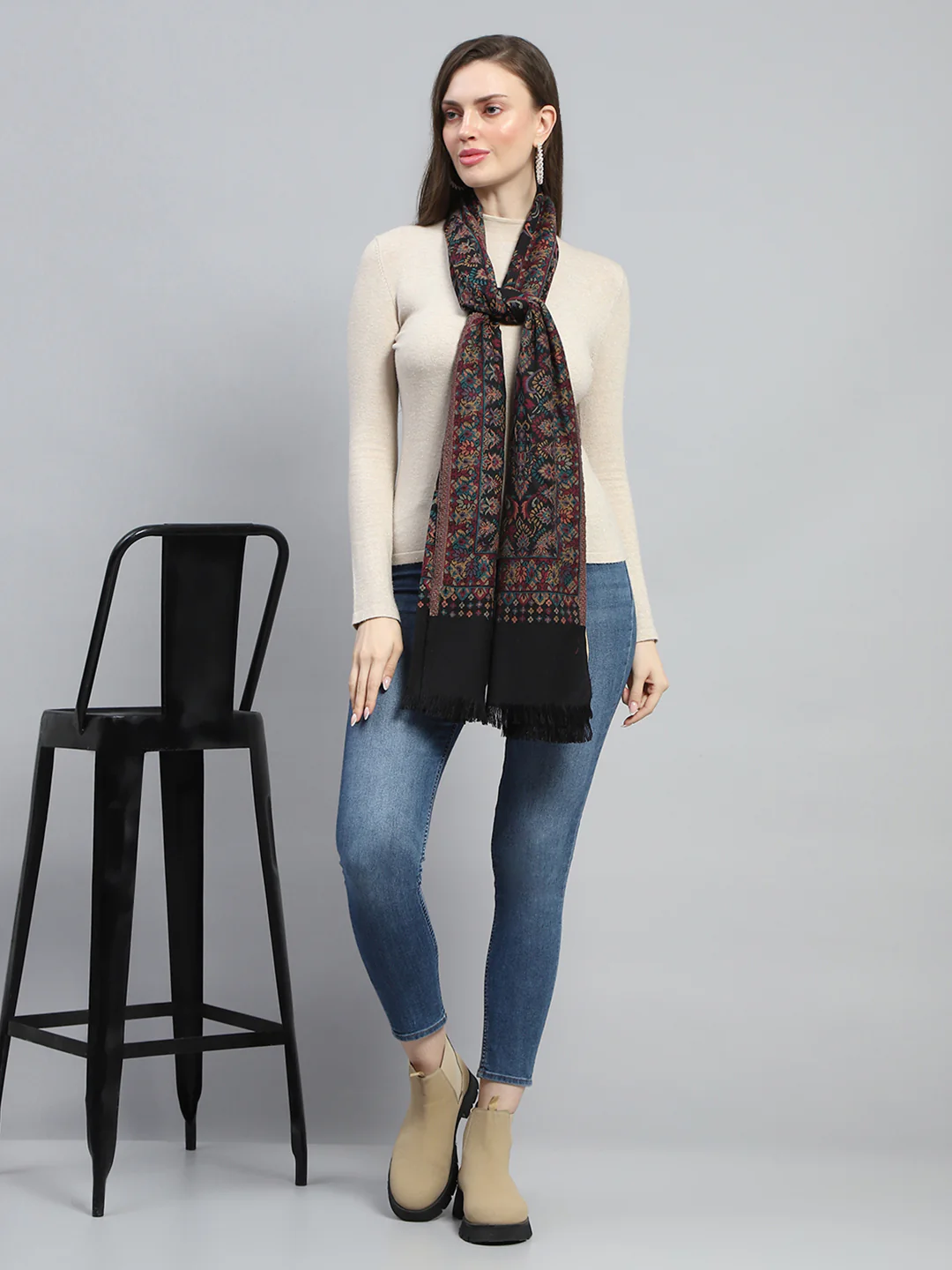 Women Black Self Design Stole - Image 2