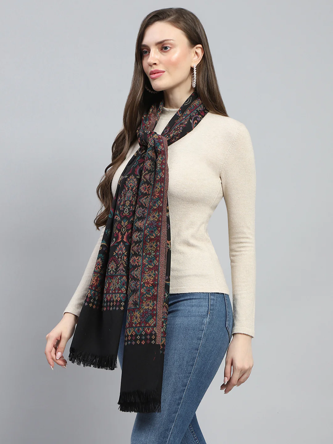 Women Black Self Design Stole - Image 3