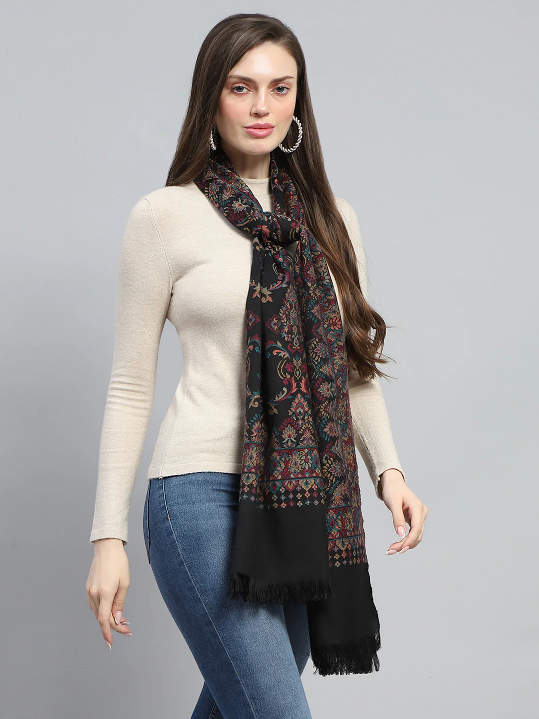 Women Black Self Design Stole - Image 4
