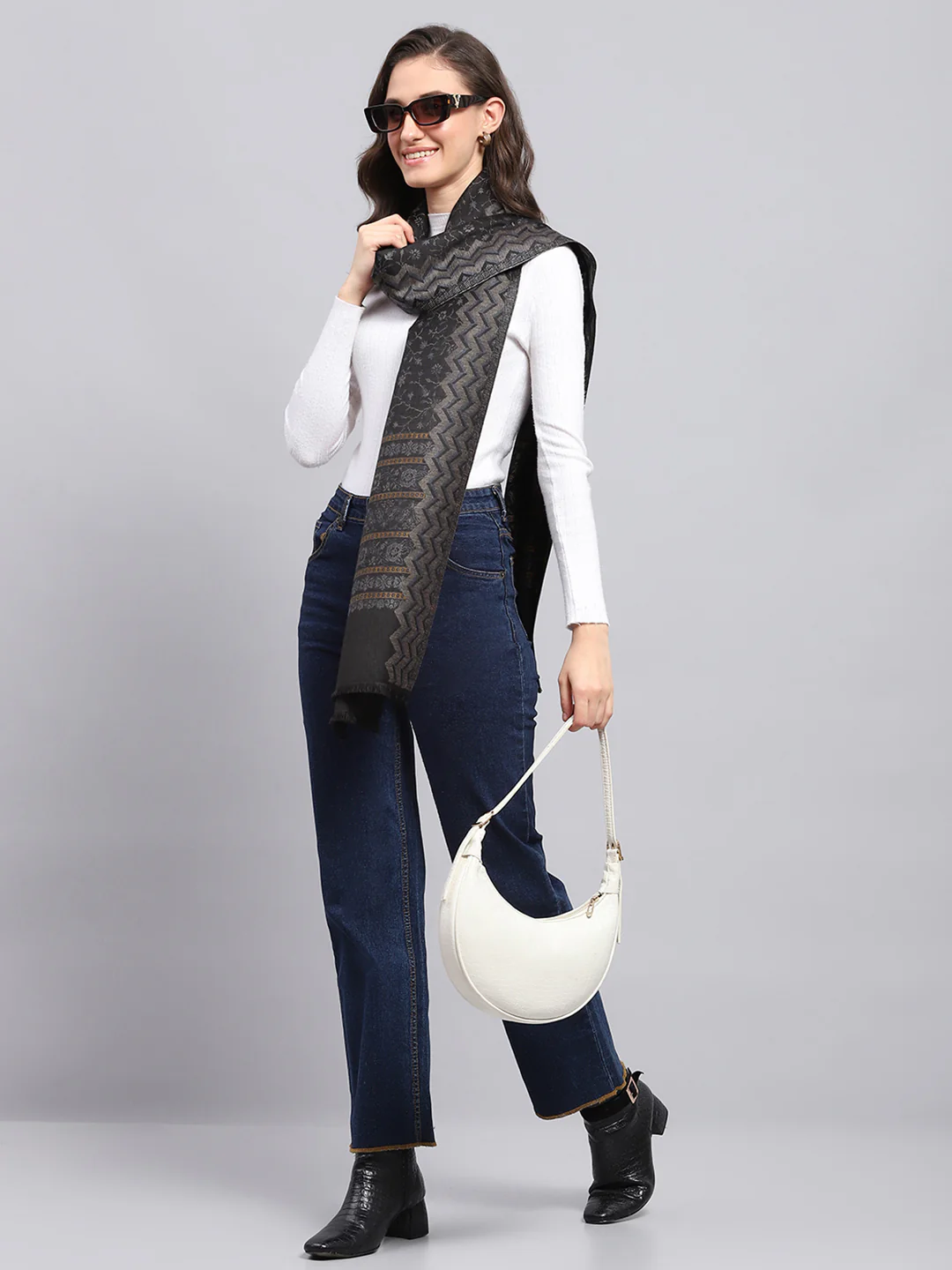Women Black Self Design Stole - Image 2
