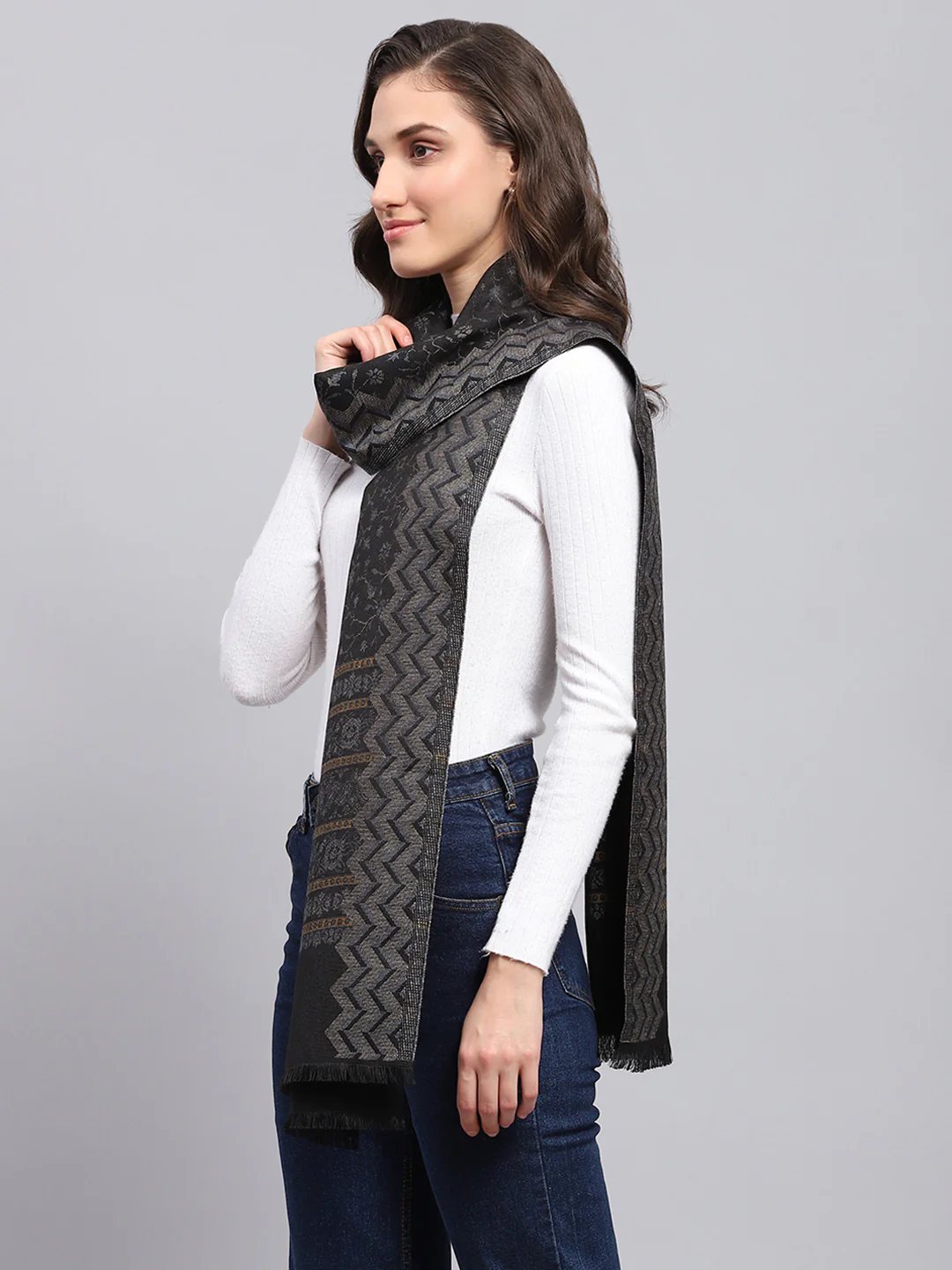 Women Black Self Design Stole - Image 4