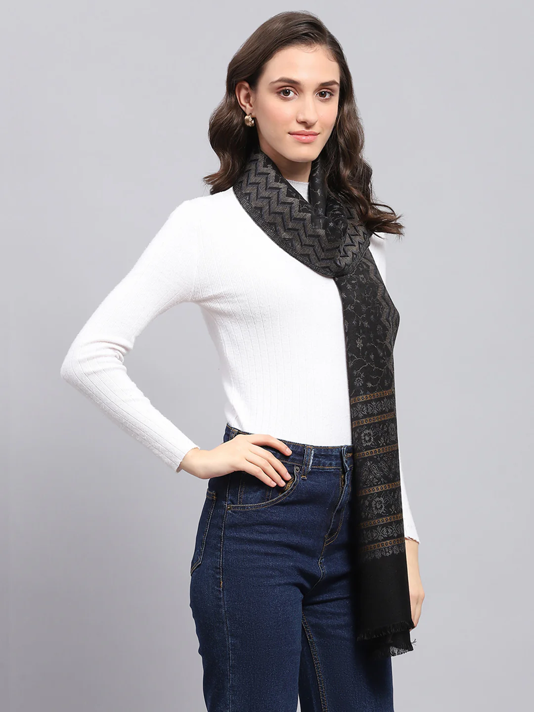Women Black Self Design Stole - Image 5