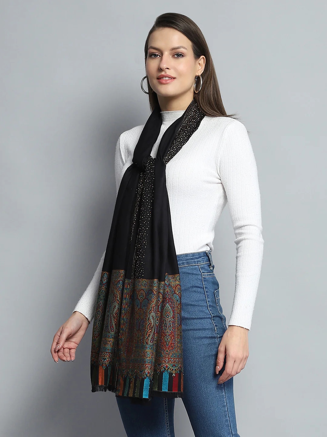 Women Black Self Design Stole - Image 4