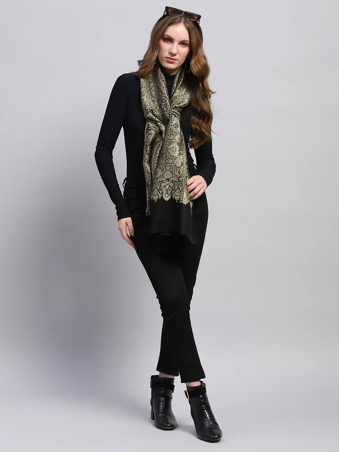 Women Black Self Design Stole - Image 2