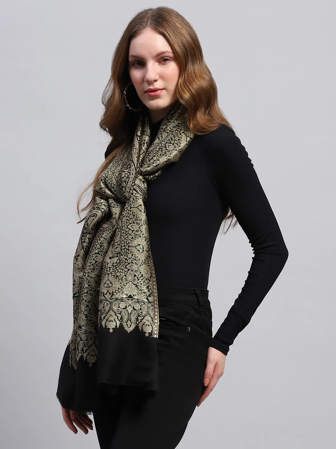 Women Black Self Design Stole - Image 4