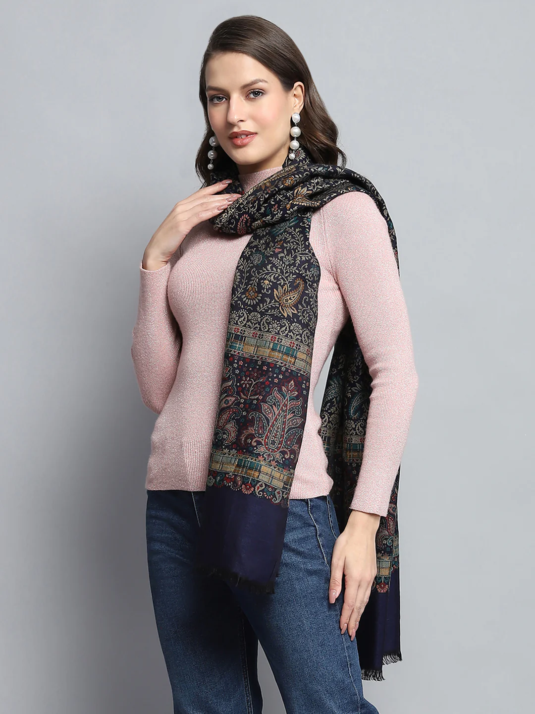 Women Black Self Design Stole - Image 4