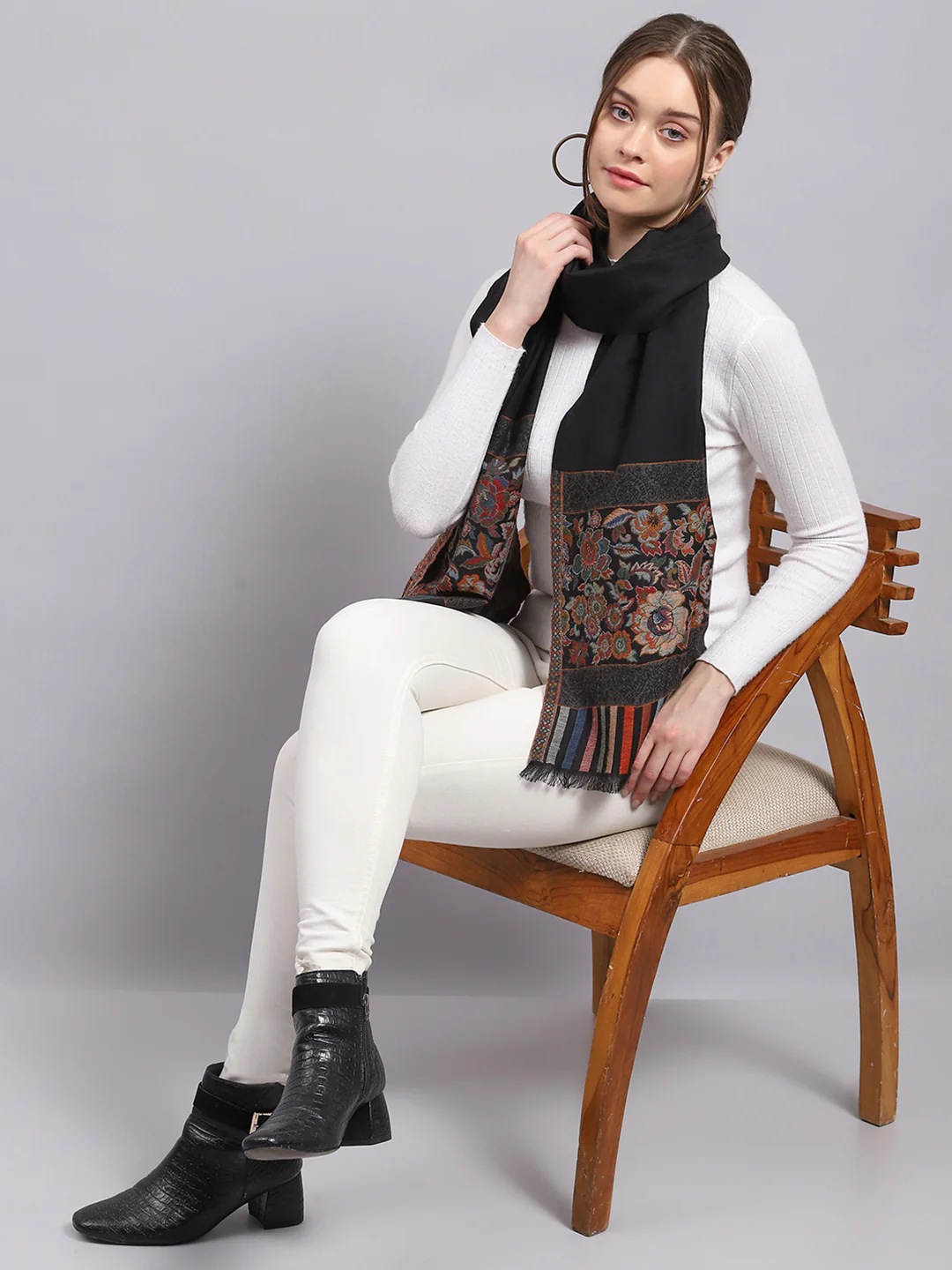 Women Black Self Design Stole - Image 2