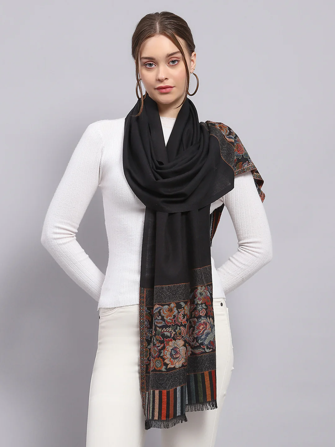 Women Black Self Design Stole - Image 3