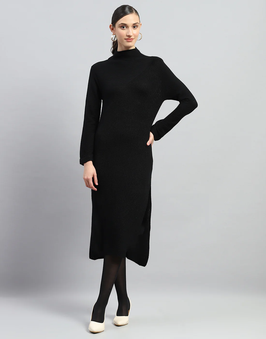 Women Black Self Design Turtle Neck Full Sleeve Dress - Image 3
