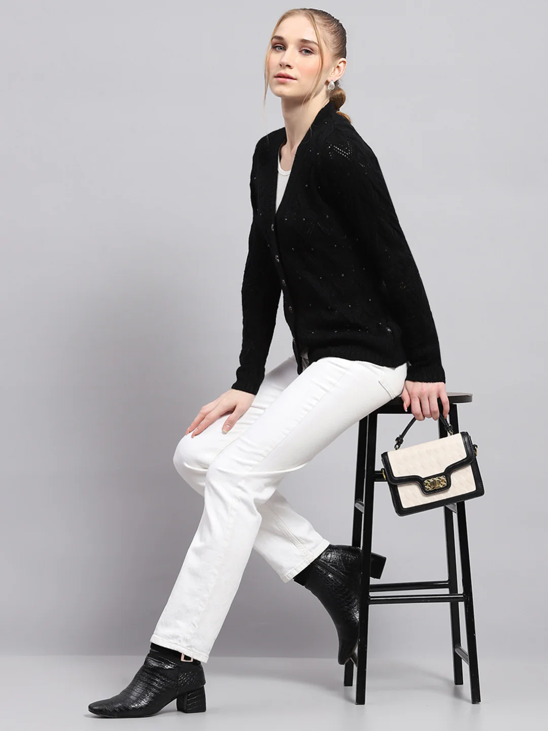 Women Black Self Design V Neck Full Sleeve Cardigan - Image 2