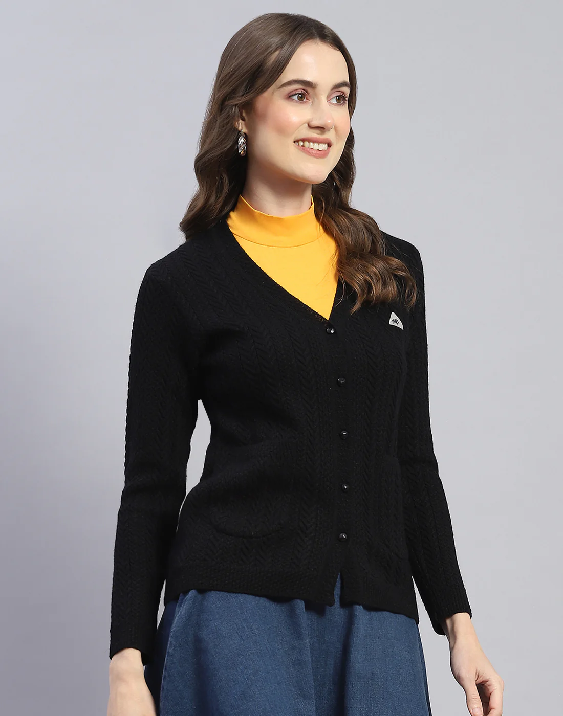 Women Black Self Design V Neck Full Sleeve Cardigan - Image 4