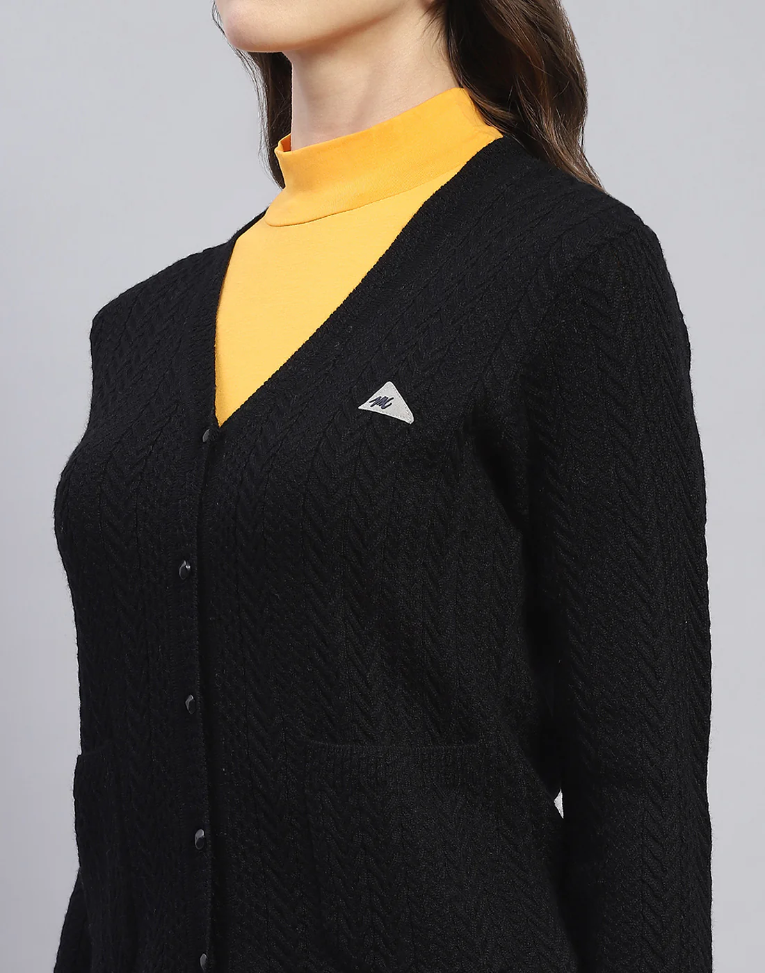 Women Black Self Design V Neck Full Sleeve Cardigan - Image 7