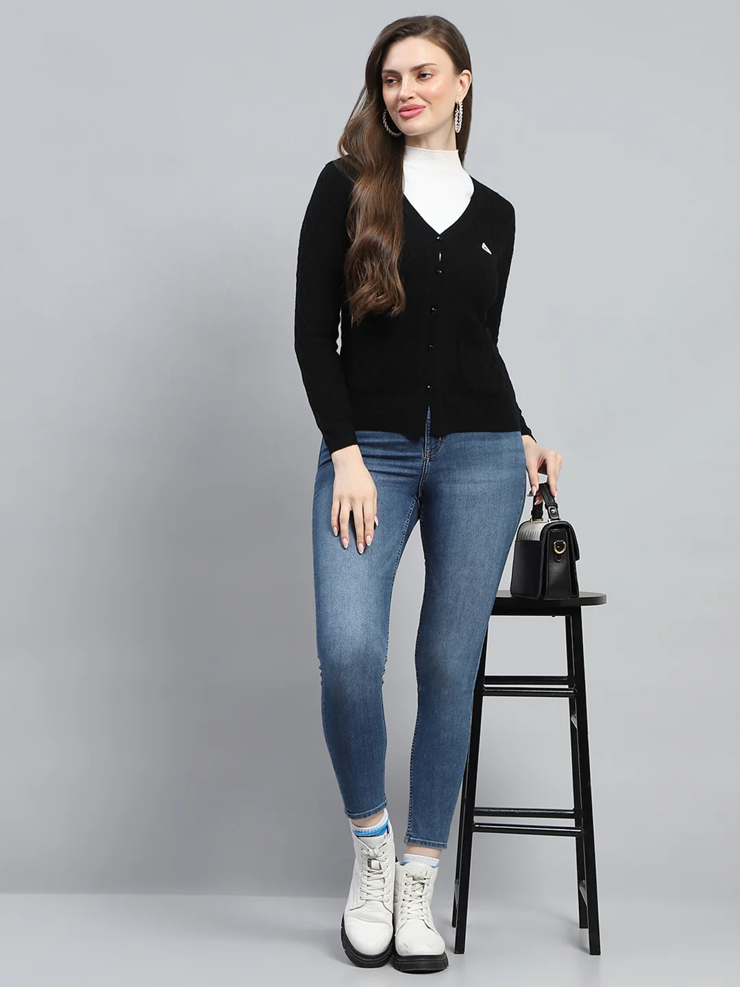 Women Black Self Design V Neck Full Sleeve Cardigan - Image 2
