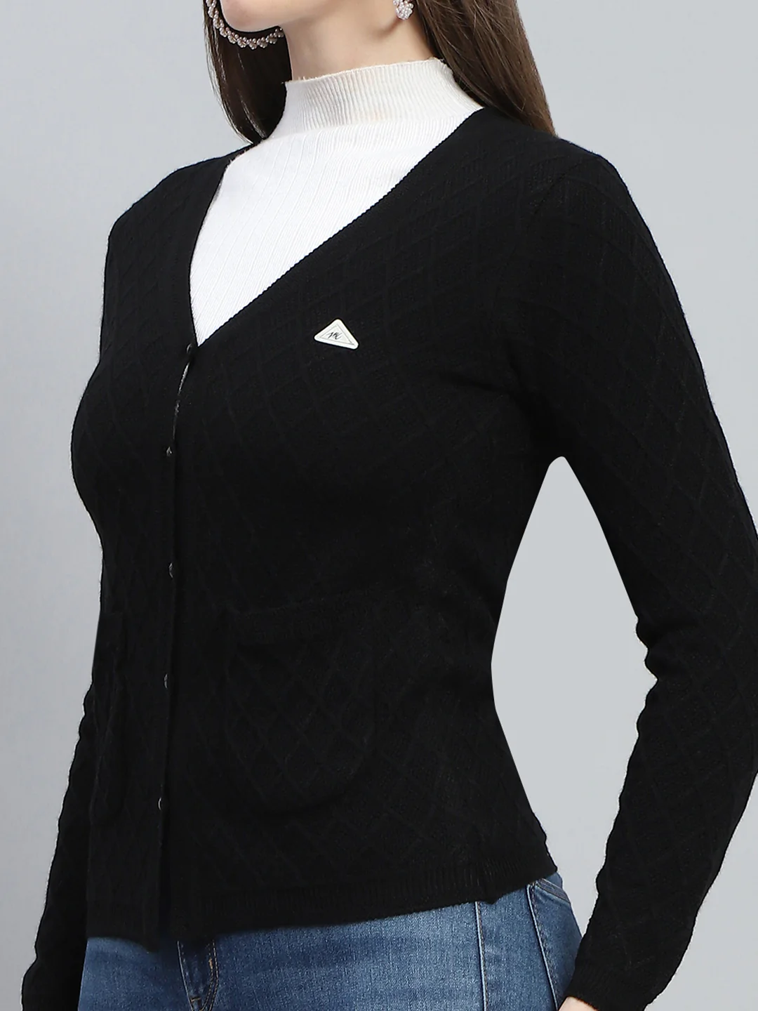 Women Black Self Design V Neck Full Sleeve Cardigan - Image 6