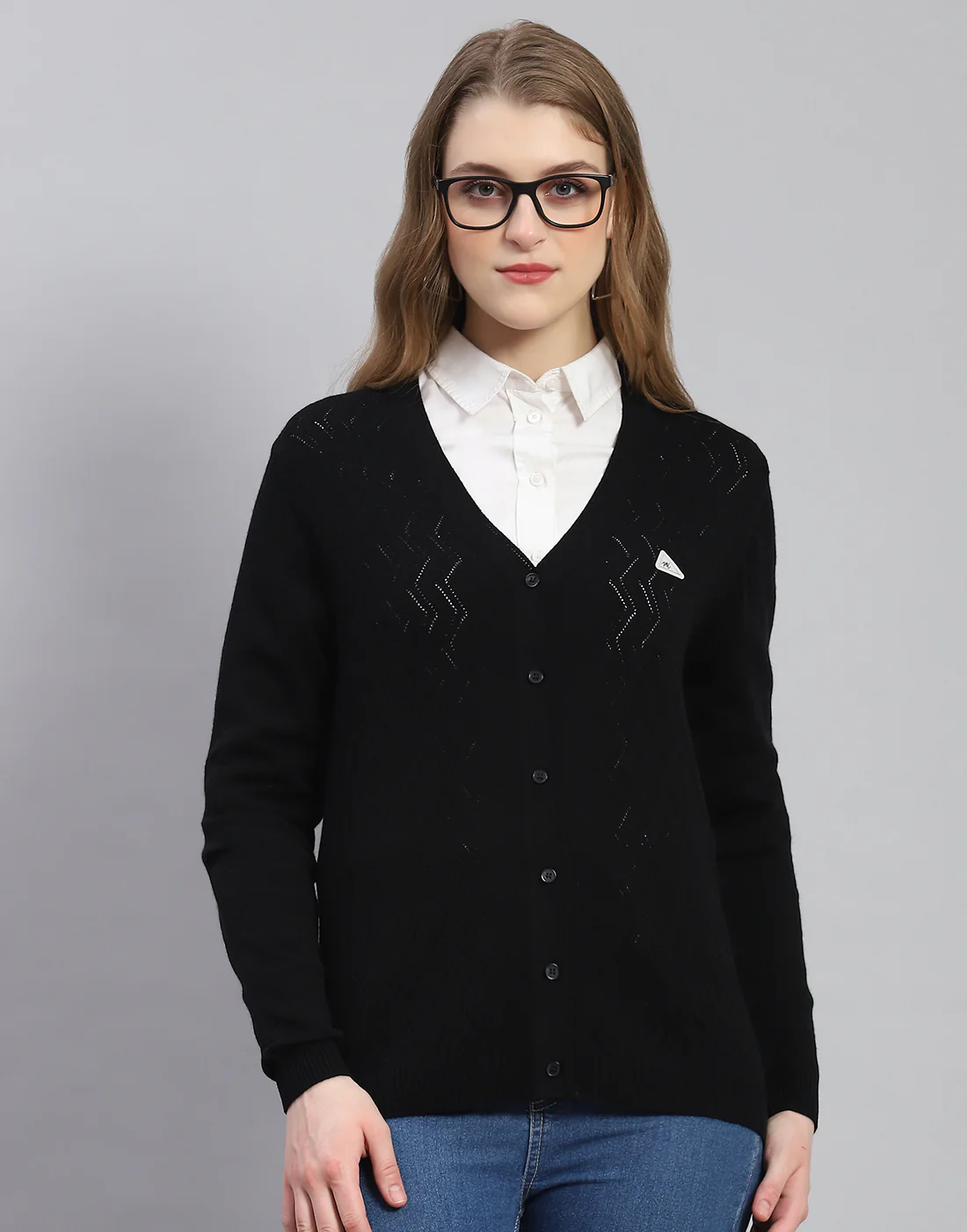 Women Black Self Design V Neck Full Sleeve Cardigan - Image 2