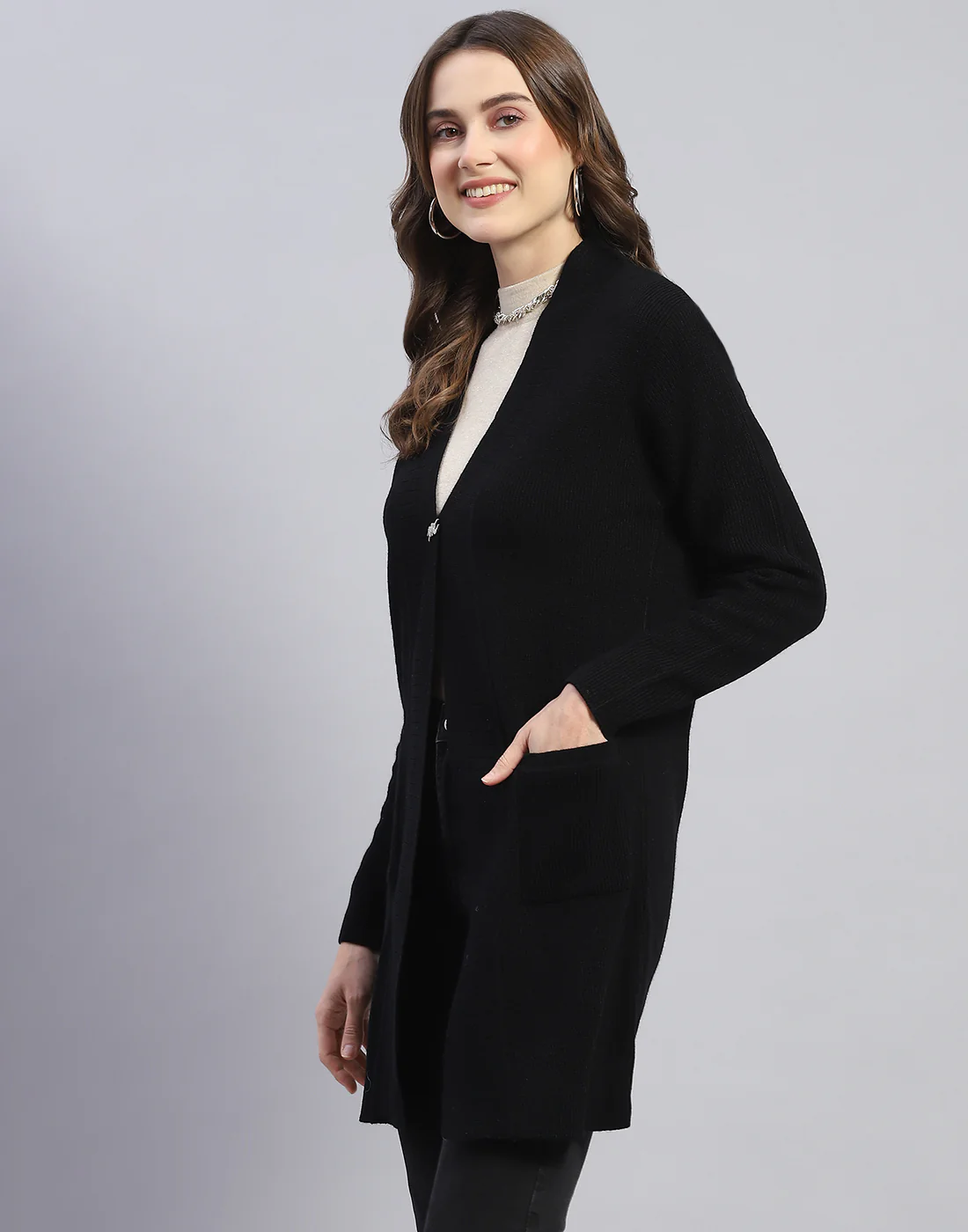Women Black Self Design V Neck Full Sleeve Cardigan - Image 3