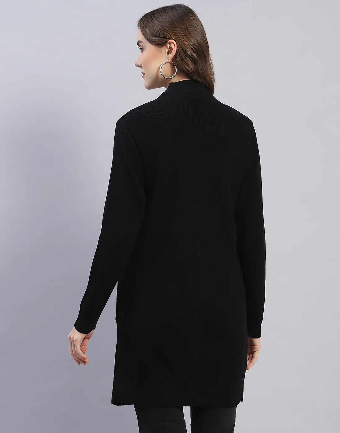 Women Black Self Design V Neck Full Sleeve Cardigan - Image 5