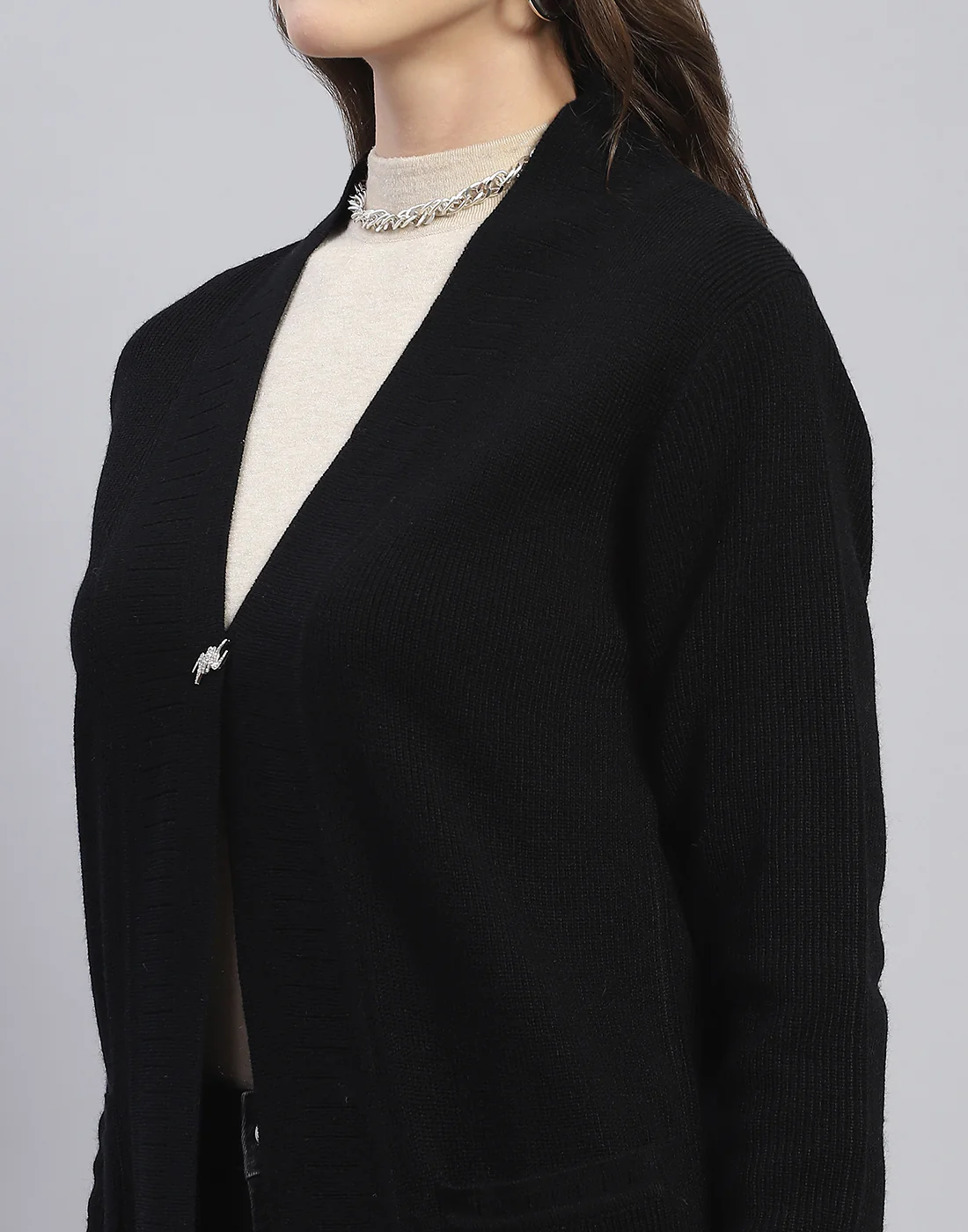 Women Black Self Design V Neck Full Sleeve Cardigan - Image 7