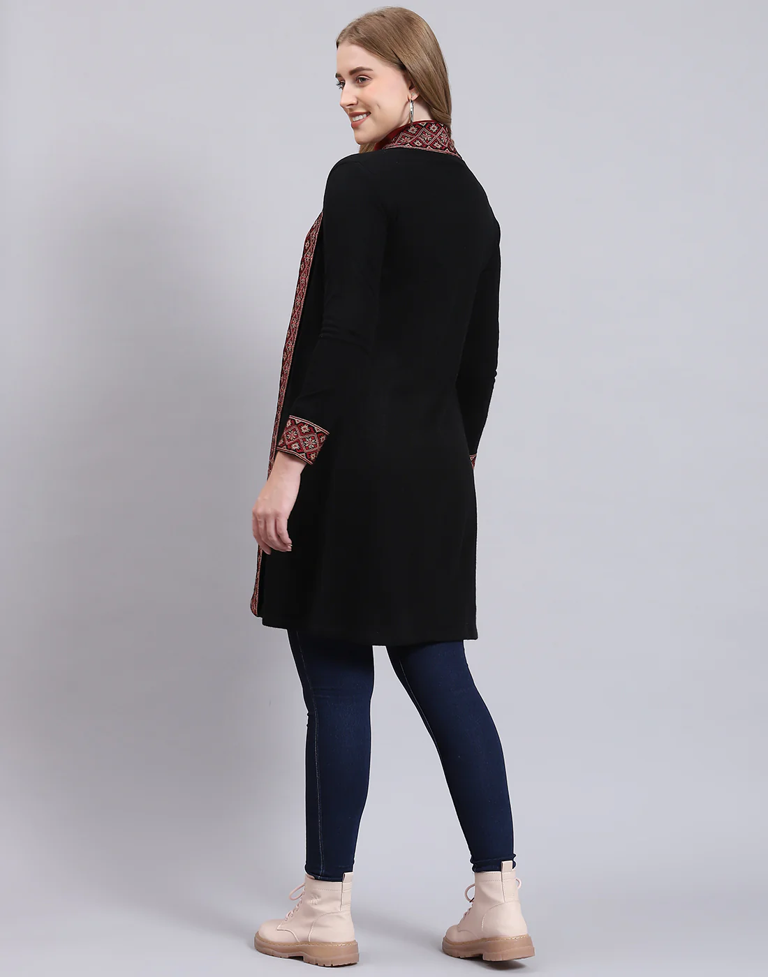 Women Black Self Design V Neck Full Sleeve Cardigan - Image 6