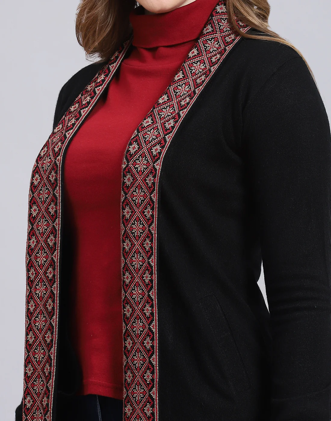 Women Black Self Design V Neck Full Sleeve Cardigan - Image 7