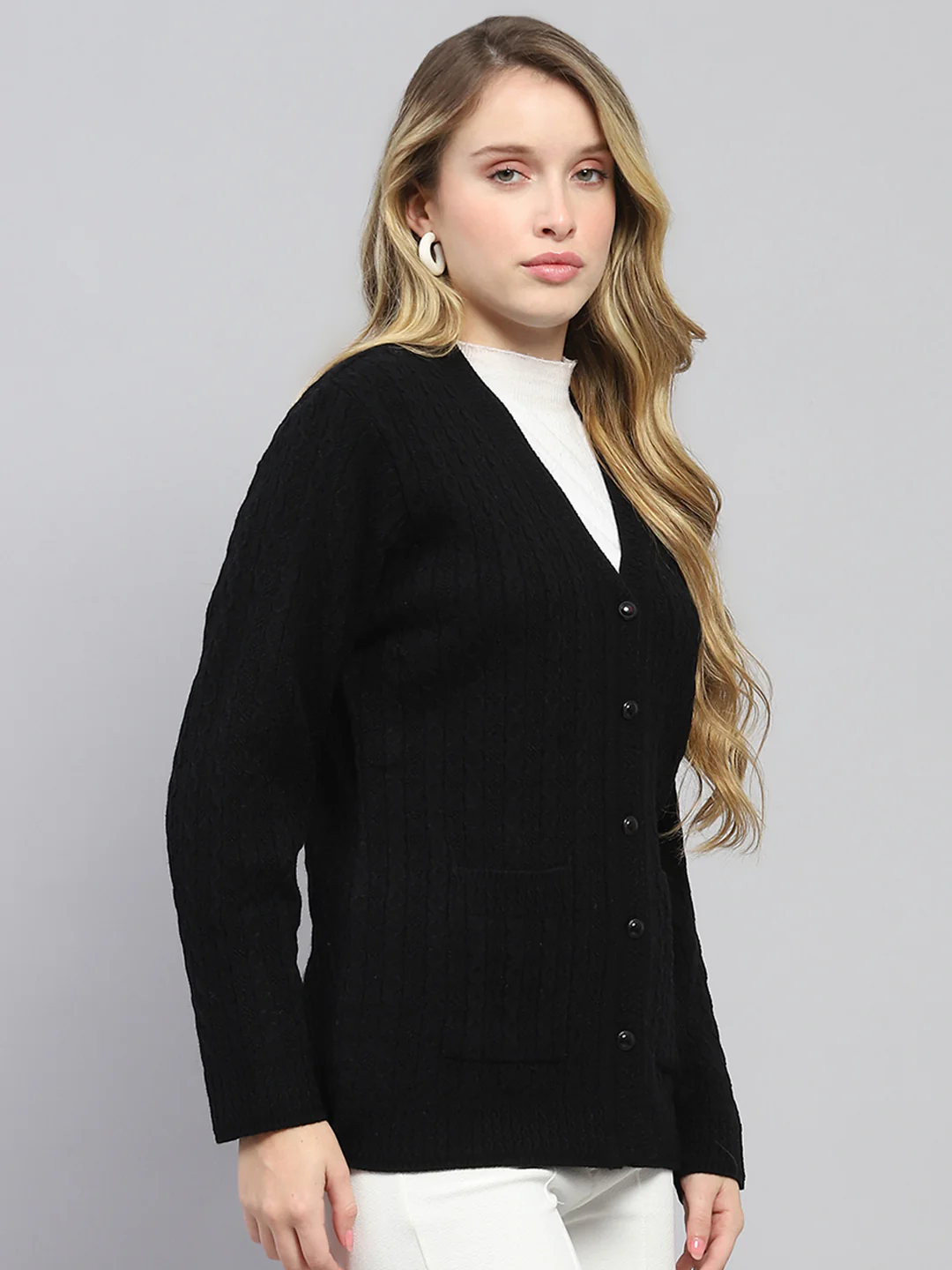Women Black Self Design V Neck Full Sleeve Cardigan - Image 4
