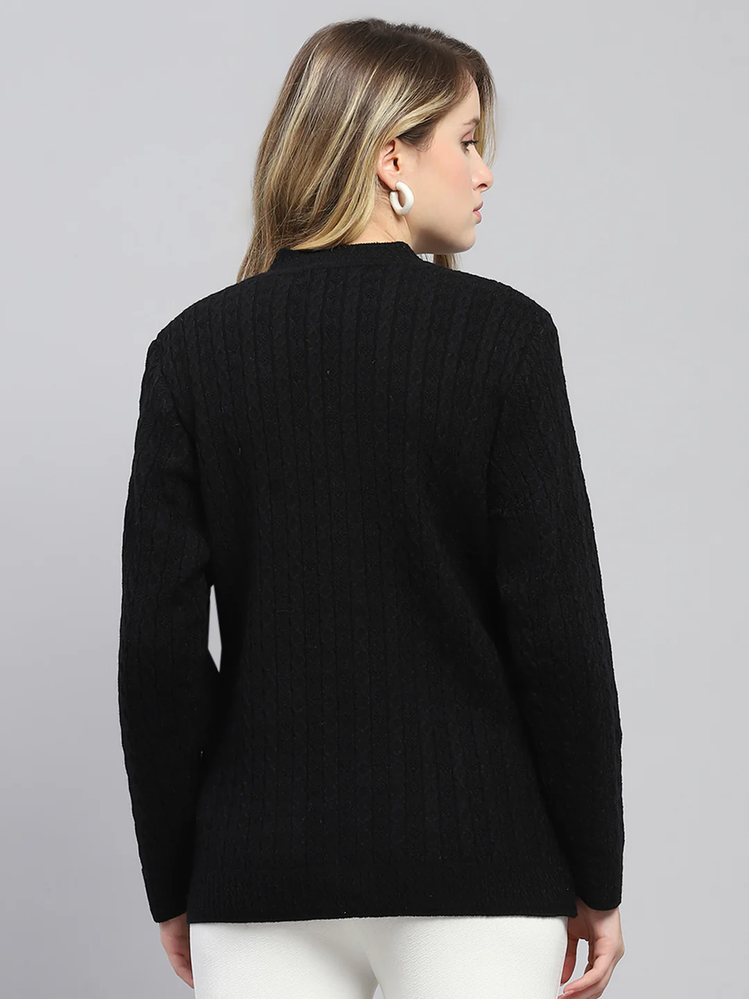Women Black Self Design V Neck Full Sleeve Cardigan - Image 5