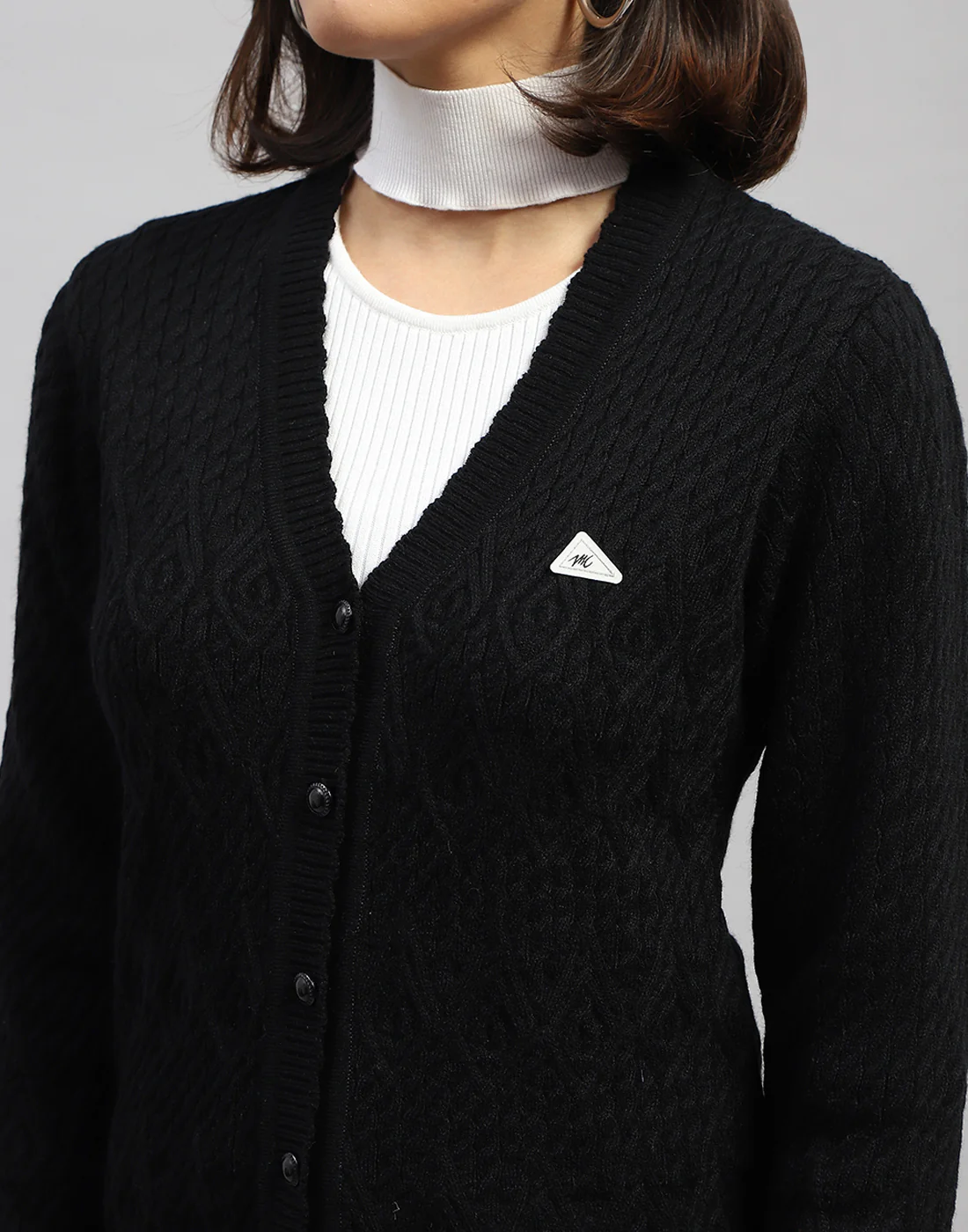 Women Black Self Design V Neck Full Sleeve Cardigan - Image 6