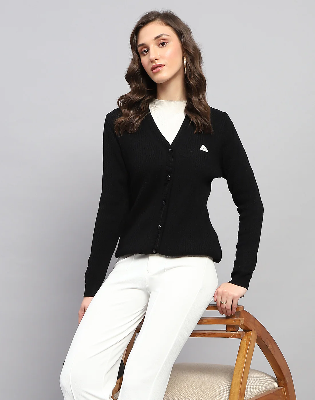 Women Black Self Design V Neck Full Sleeve Cardigan - Image 2