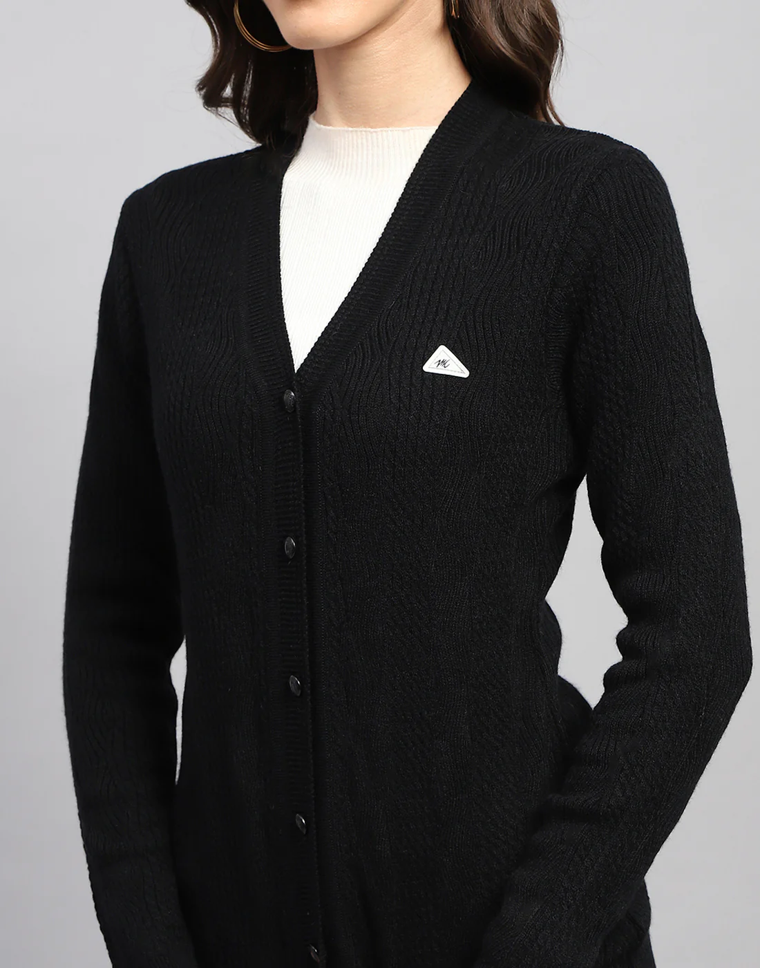 Women Black Self Design V Neck Full Sleeve Cardigan - Image 7