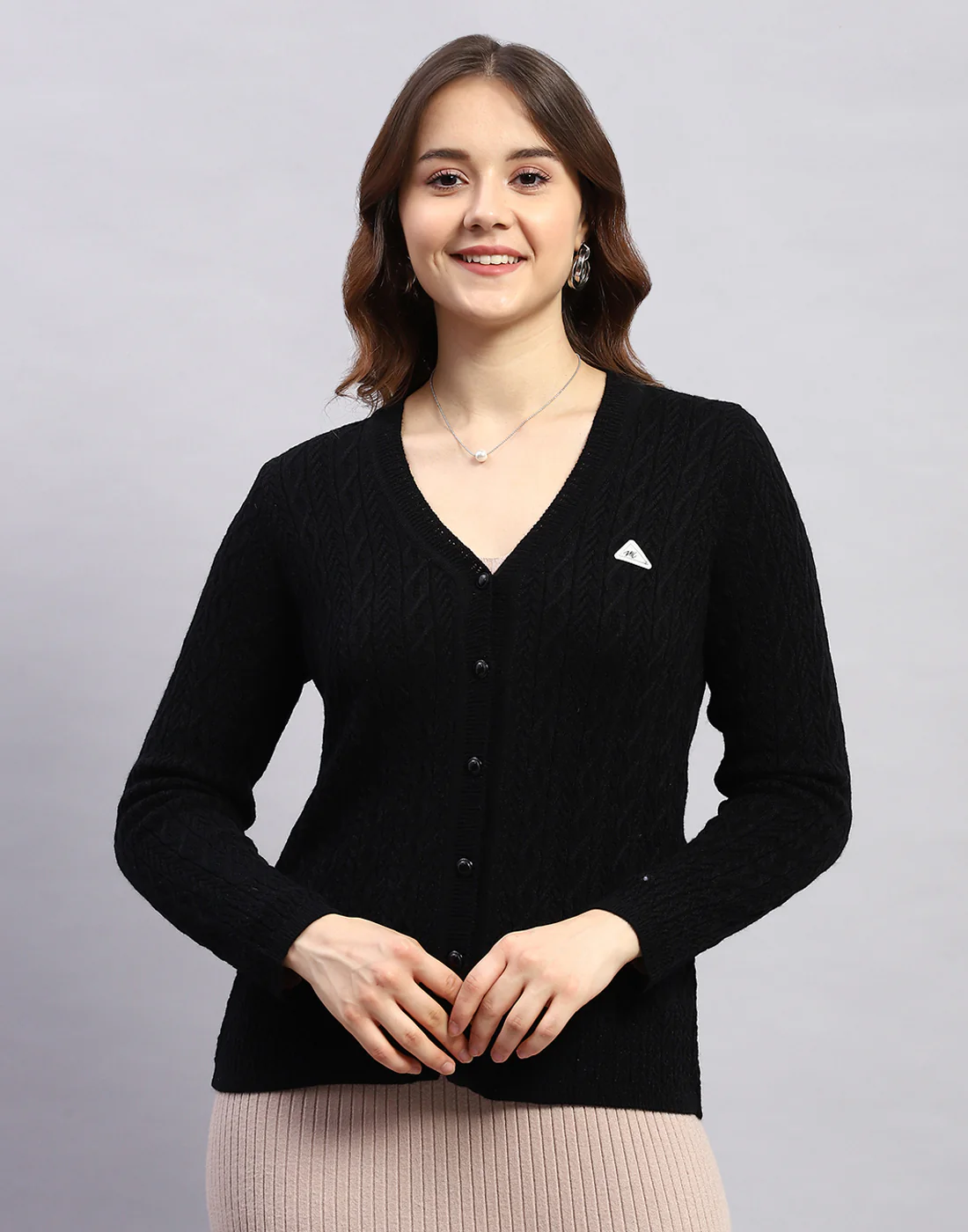 Women Black Self Design V Neck Full Sleeve Cardigan - Image 2