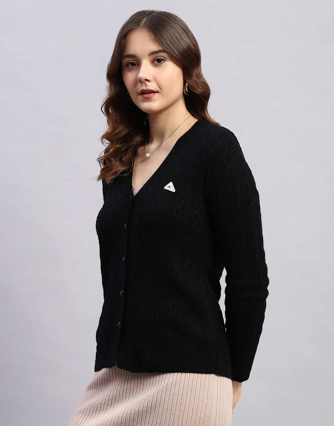 Women Black Self Design V Neck Full Sleeve Cardigan - Image 3