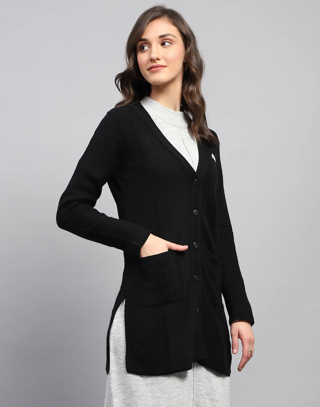 Women Black Self Design V Neck Full Sleeve Cardigan - Image 5