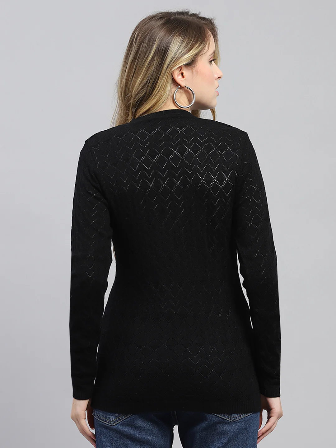 Women Black Self Design V Neck Full Sleeve Cardigan - Image 5
