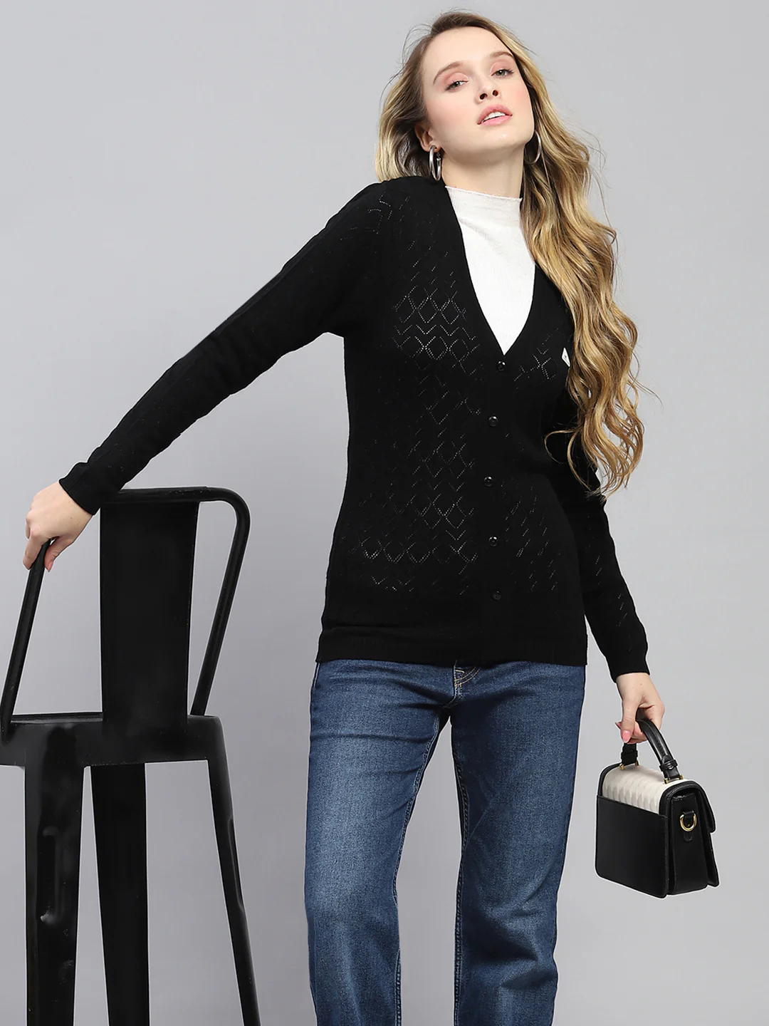 Women Black Self Design V Neck Full Sleeve Cardigan - Image 6