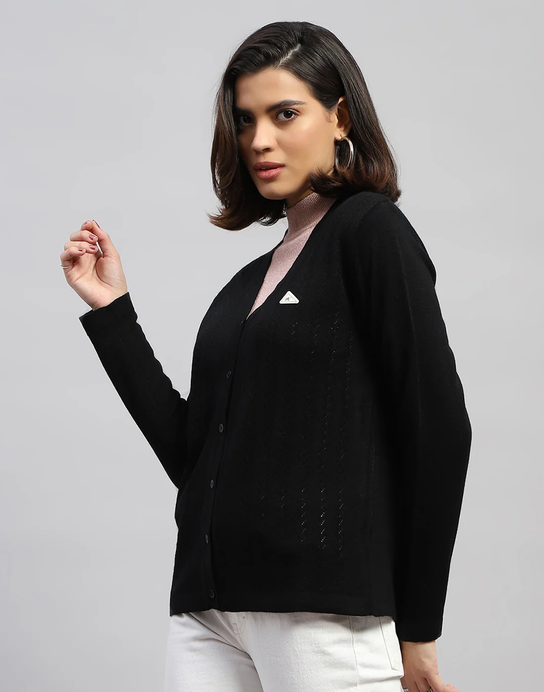 Women Black Self Design V Neck Full Sleeve Cardigan - Image 3