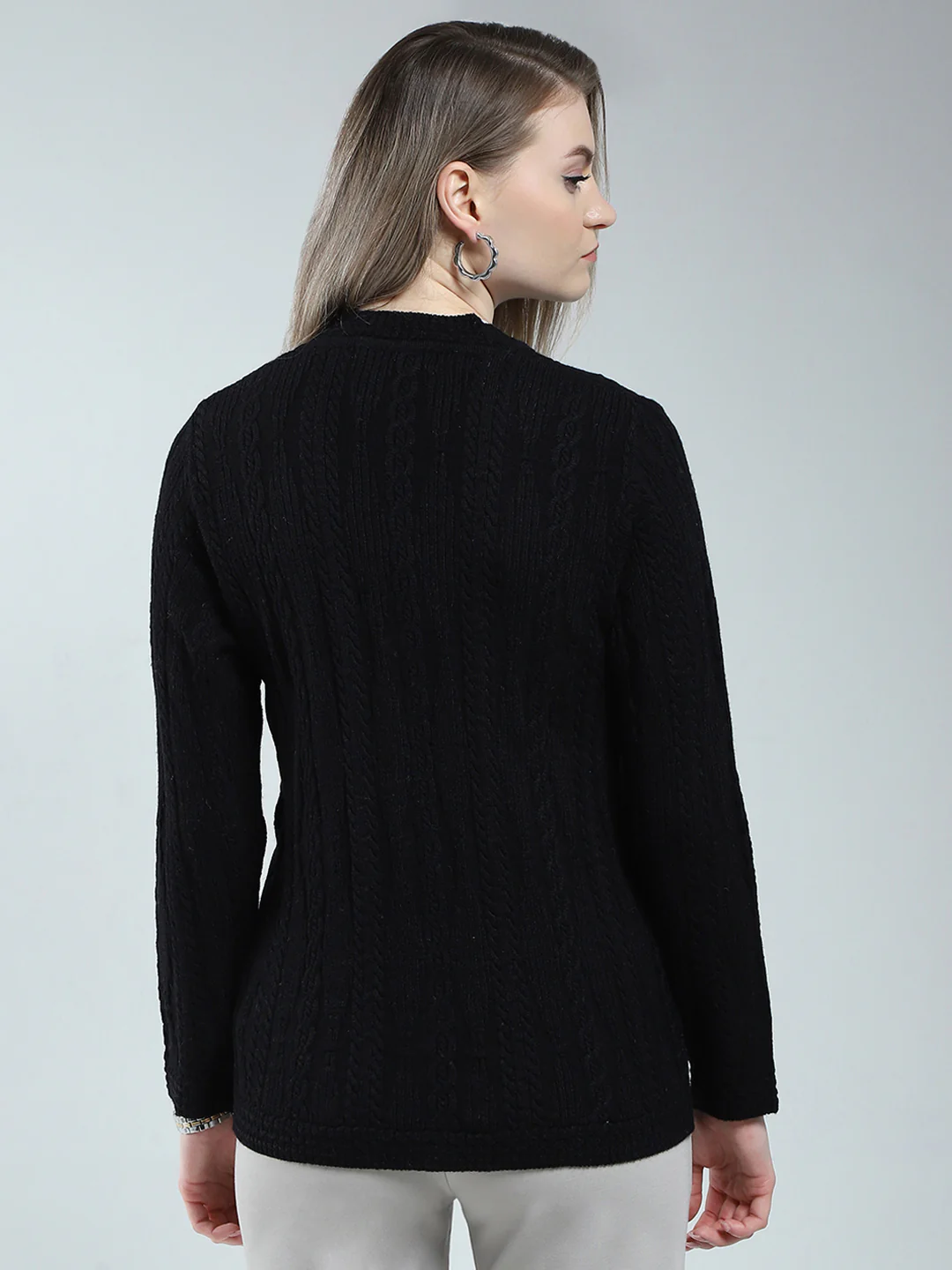 Women Black Self Design V Neck Full Sleeve Cardigan - Image 5