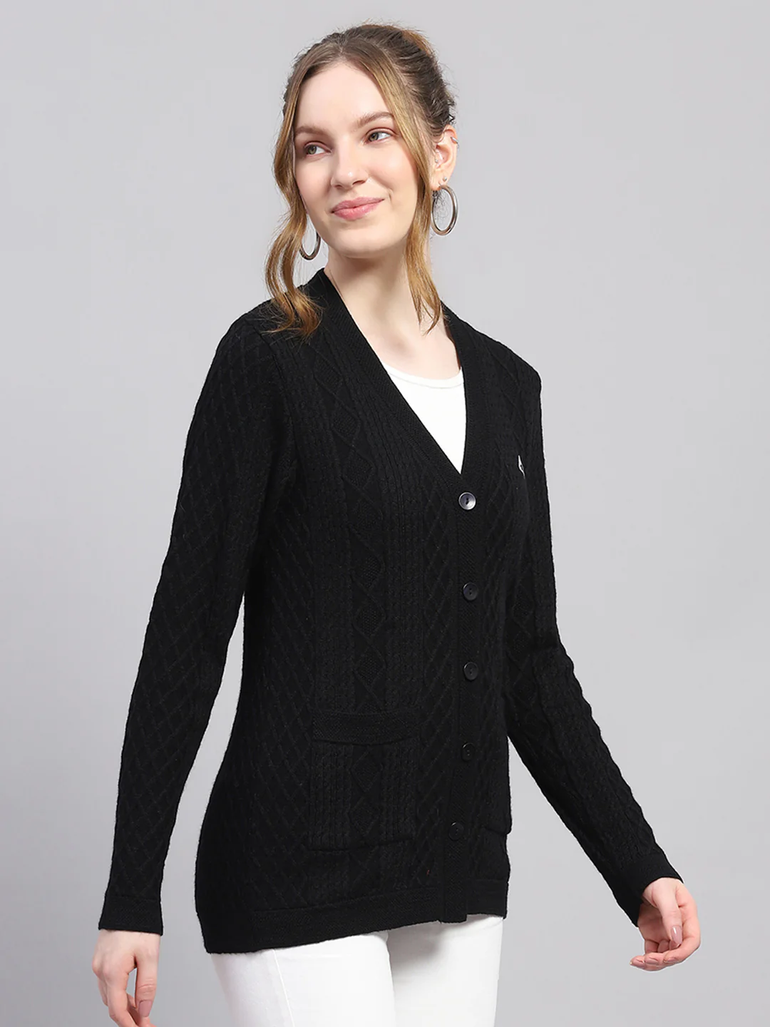 Women Black Self Design V Neck Full Sleeve Cardigan - Image 4