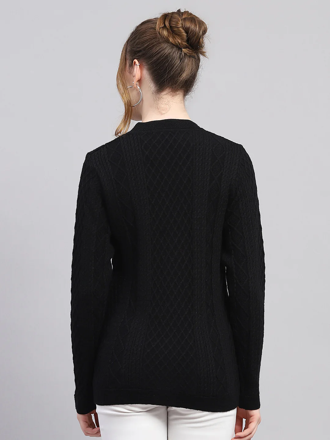Women Black Self Design V Neck Full Sleeve Cardigan - Image 5