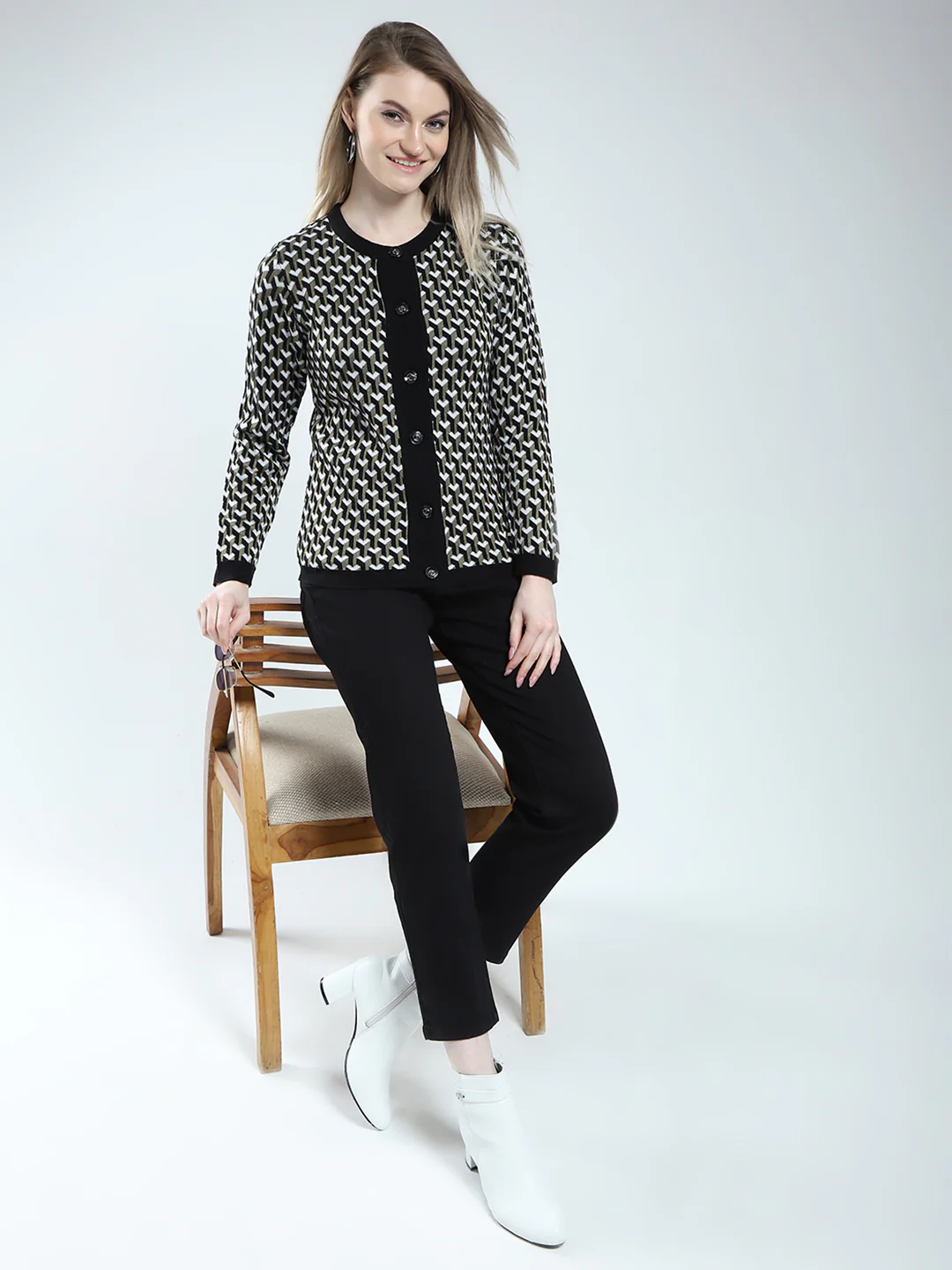 Women Black Self Design Round Neck Full Sleeve Cardigan - Image 2