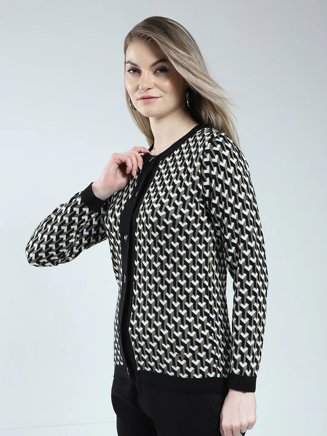 Women Black Self Design Round Neck Full Sleeve Cardigan - Image 3