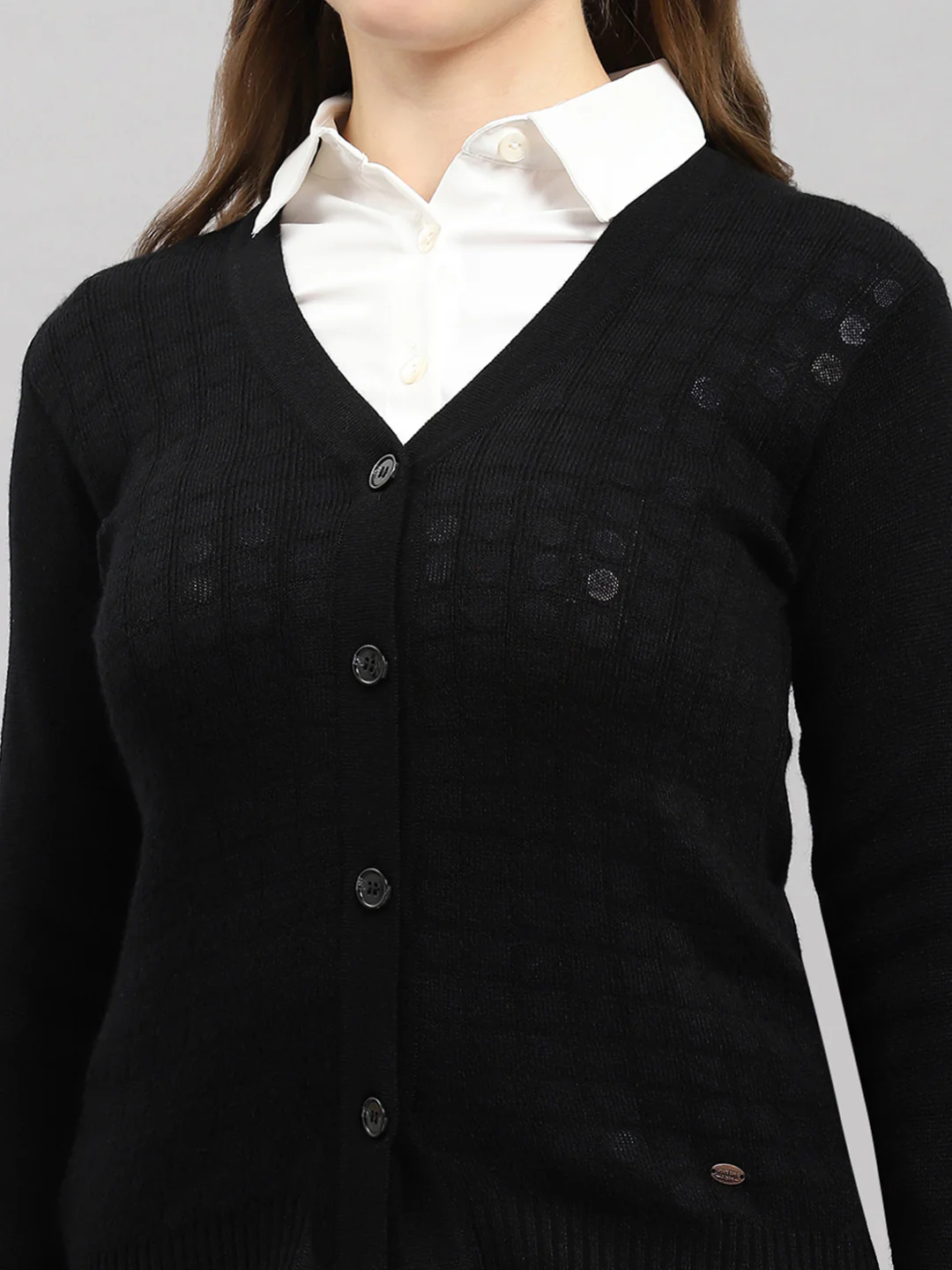 Women Black Self Design V Neck Full Sleeve Cardigan - Image 7