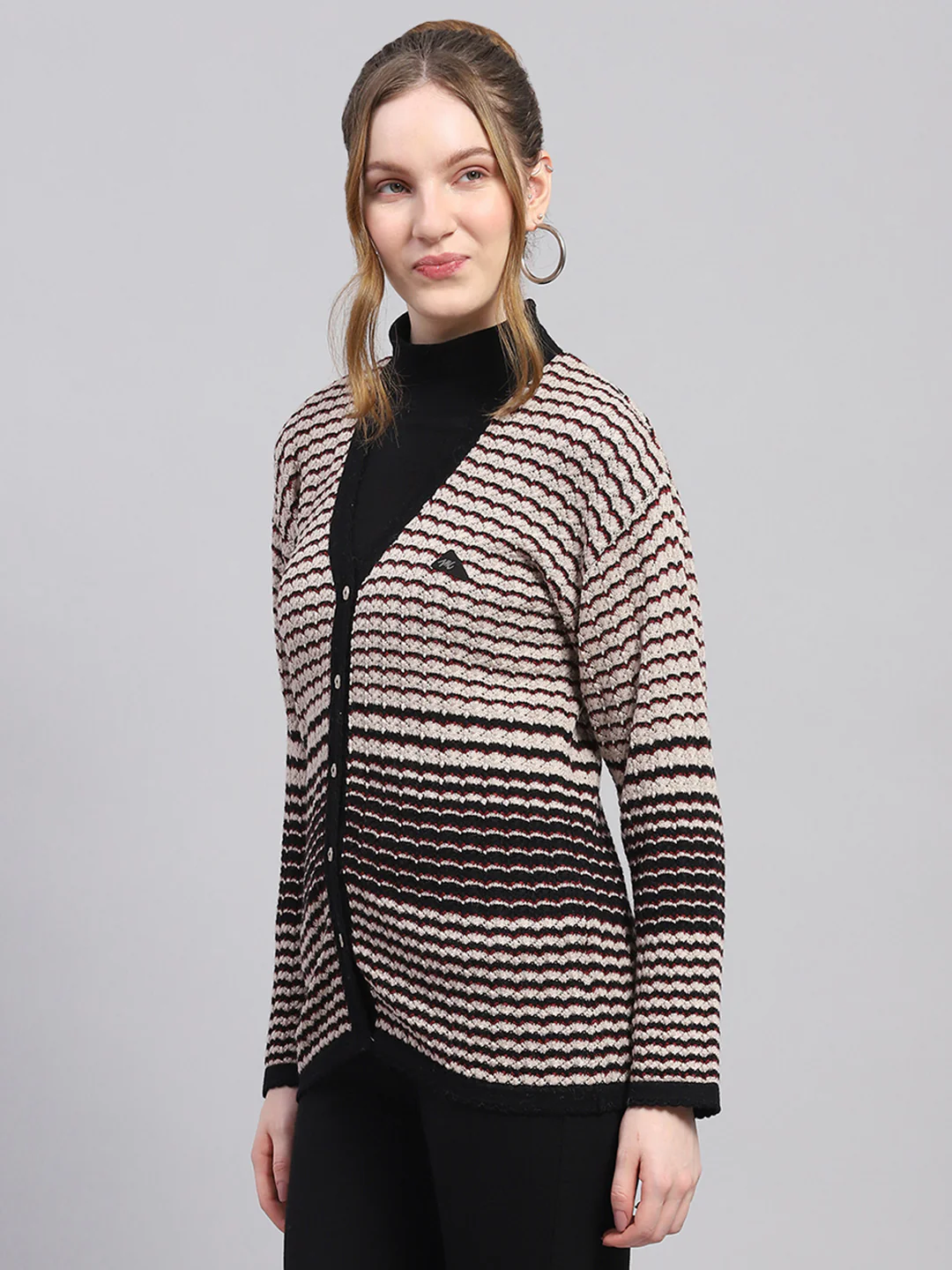 Women Black Self Design V Neck Full Sleeve Cardigan - Image 3