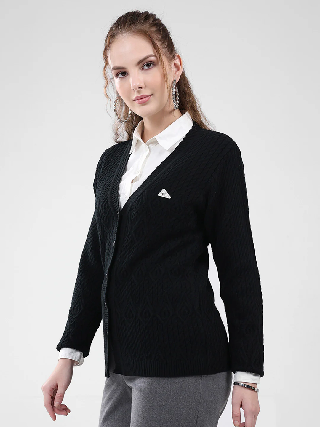 Women Black Self Design V Neck Full Sleeve Cardigan - Image 3