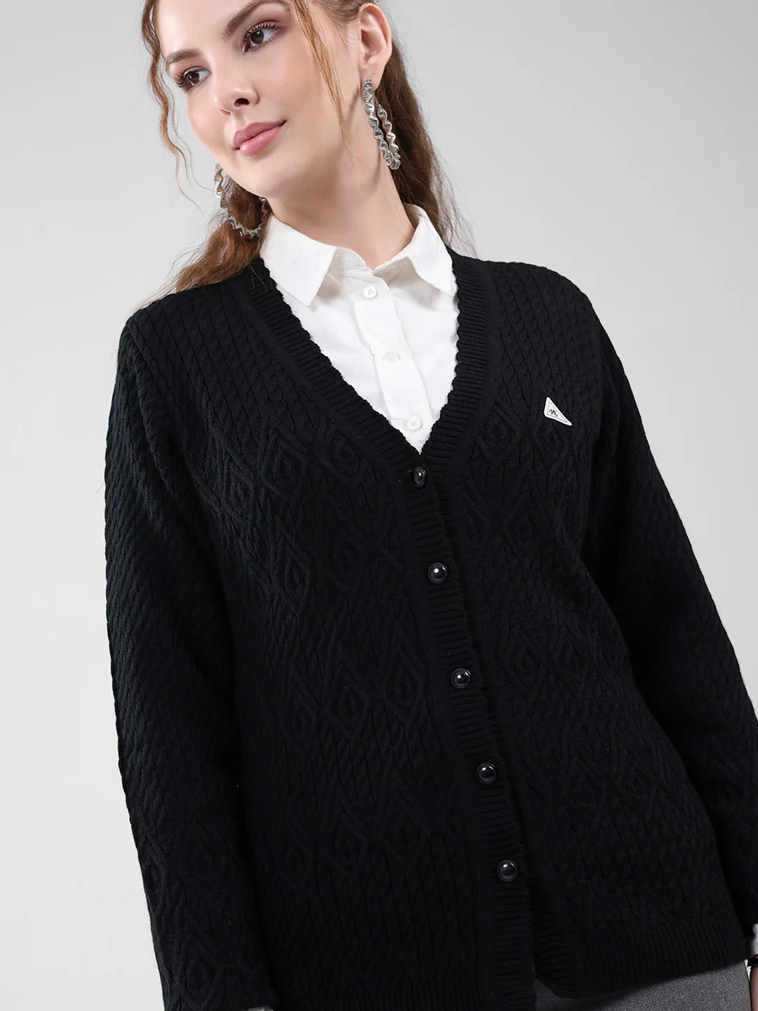 Women Black Self Design V Neck Full Sleeve Cardigan - Image 6