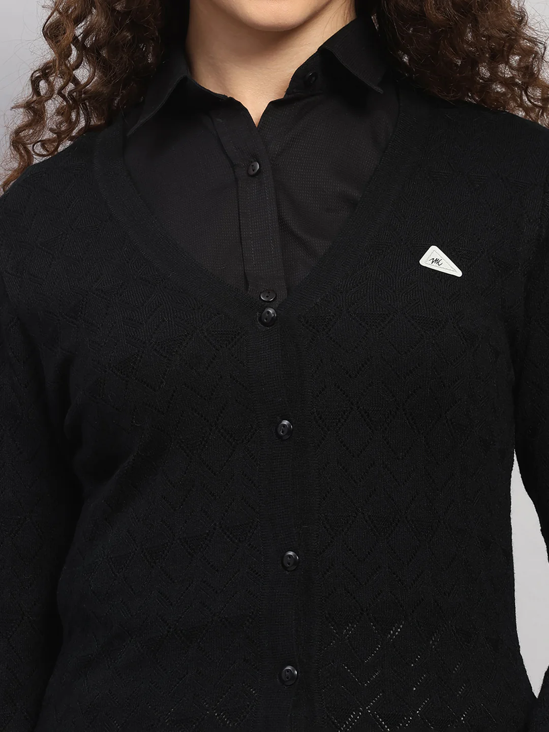 Women Black Self Design V Neck Full Sleeve Cardigan - Image 6